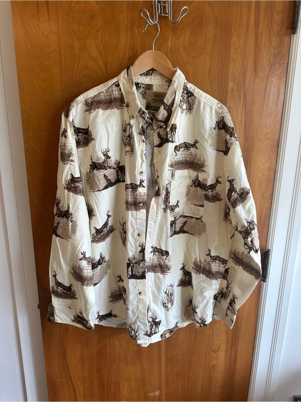 Outdoor Life Men's Cream Button-Down Shirt with Brown Deer Print